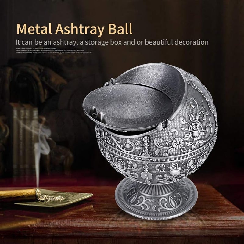 صحن رماد معدني مقاوم للرياح كلاسيكي مع غطاء، علبة قصدير محمولة، بلون القلعة، نمط كرة مستديرة، هدية - Image 3